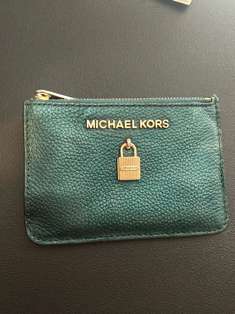 Michael Kors Teal Pebbled Leather Card/Coin Wallet with Gold Hardware